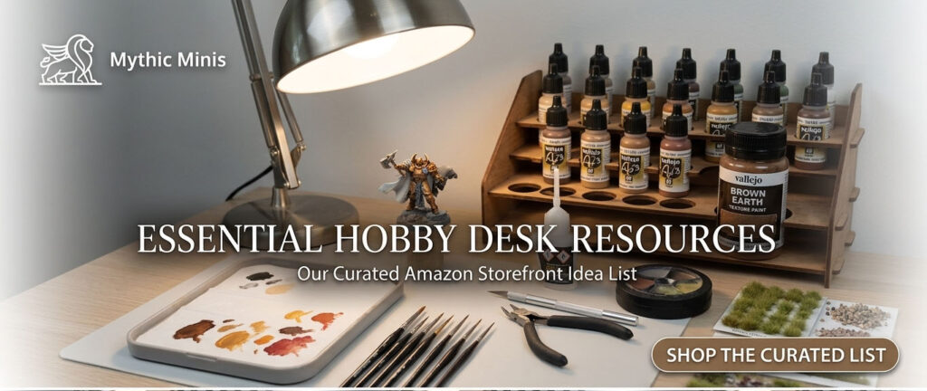 Hobby Desk Resources for miniature painting including brushes, paints, tools, lighting, basing supplies, and workspace essentials.
