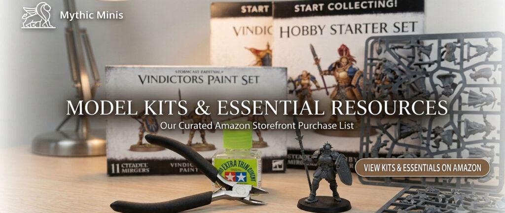 Model kits and essential resources related to this miniature painting project, including the featured miniature and hobby supplies.